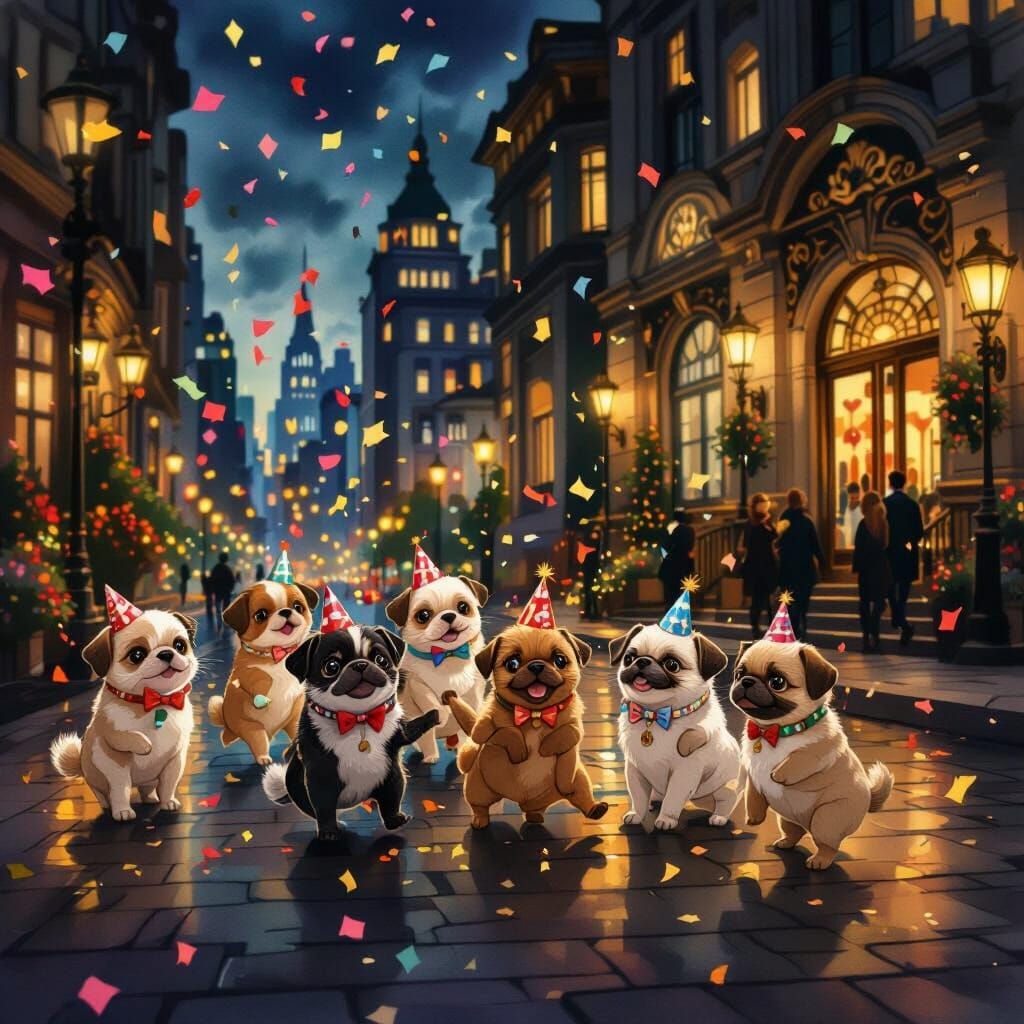Whimsical Puggle Party in Art Nouveau Cityscape