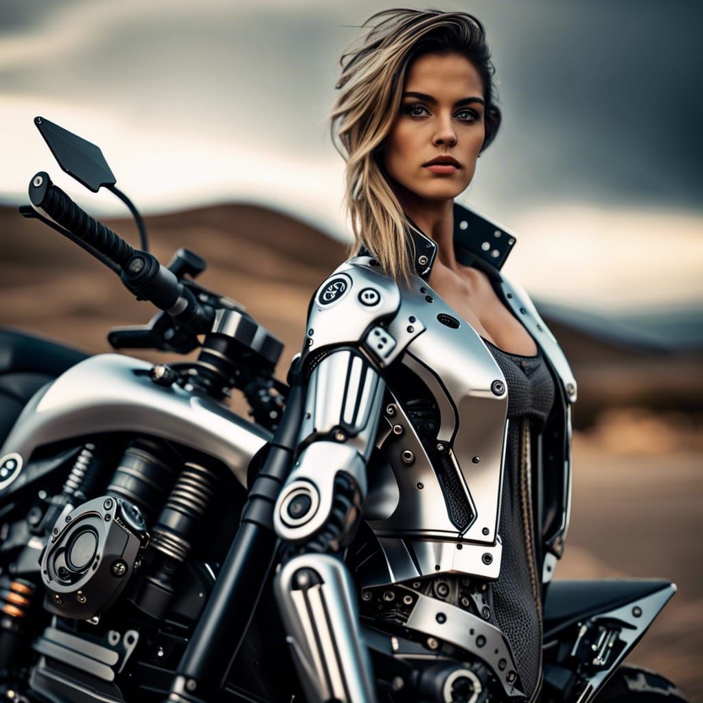 Hyperrealistic Robot Model on Yamaha Motorcycle