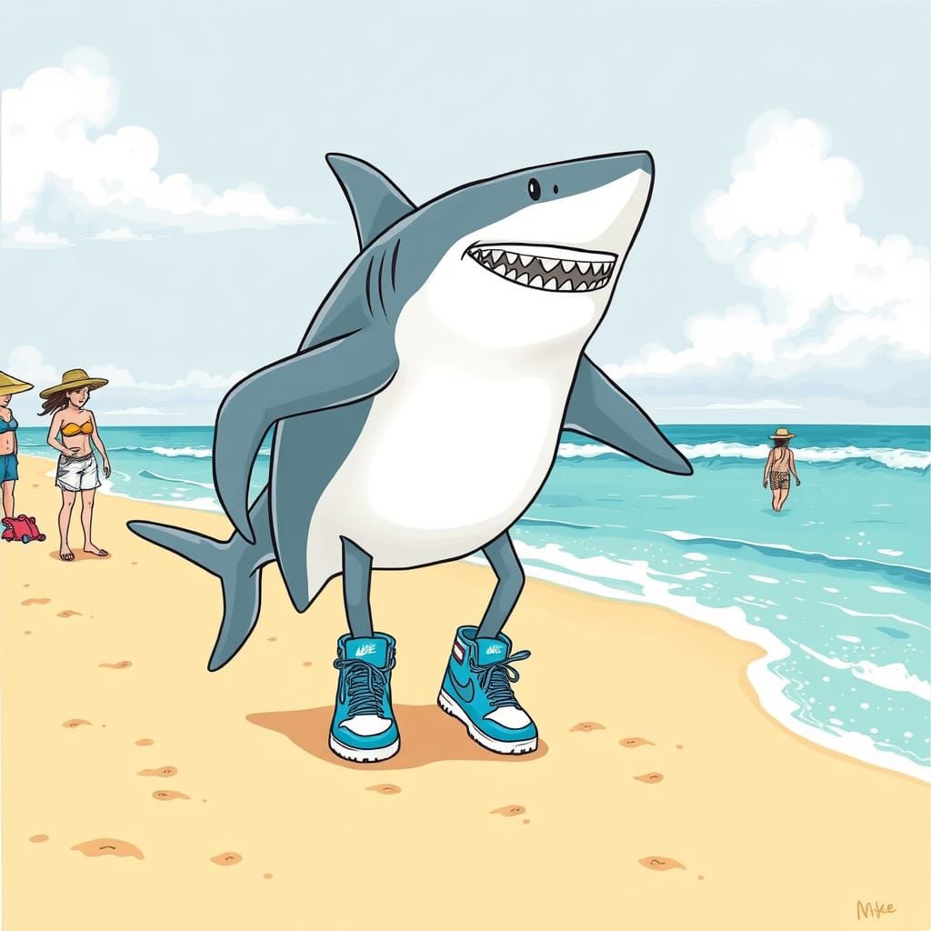 Whimsical Shark Surprises Beachgoers in Sunny Scene