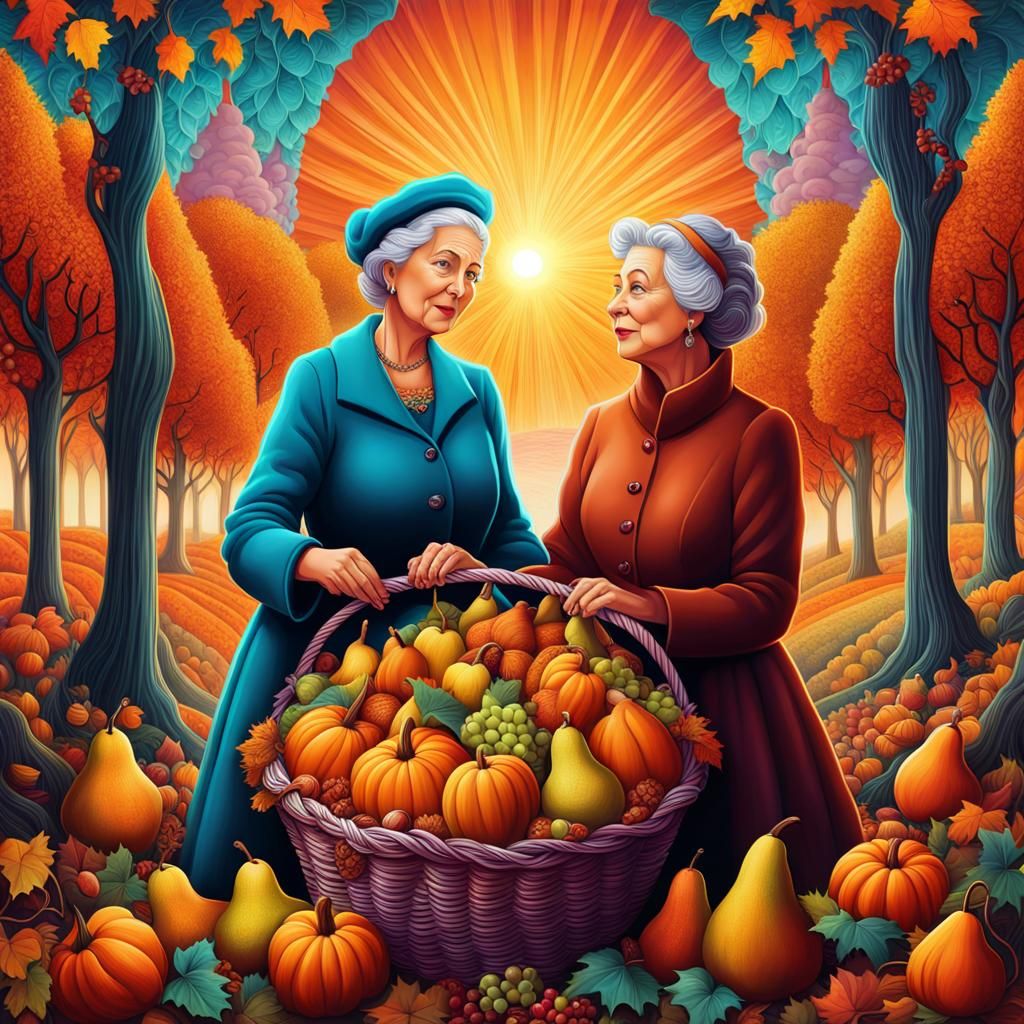 Abundant Autumn: Grandmother and Granddaughter Share Harvest