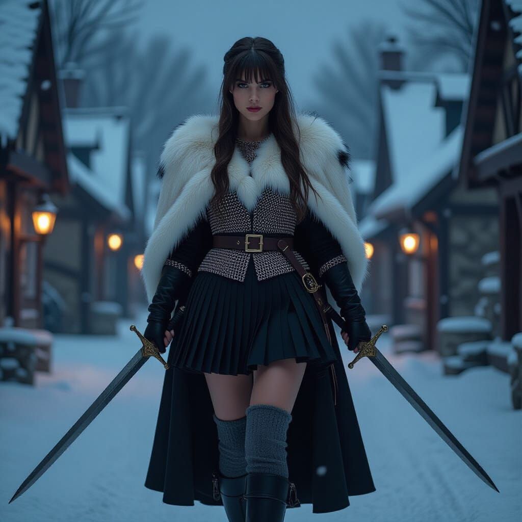 Medieval Warrior Woman at Night in Winter Village