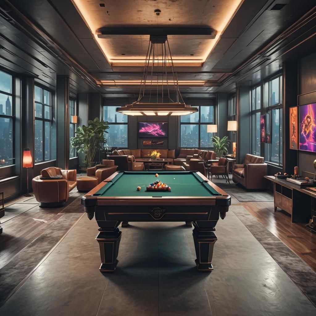 Retrofuturistic Billiard Table in Cyberpunk Penthouse