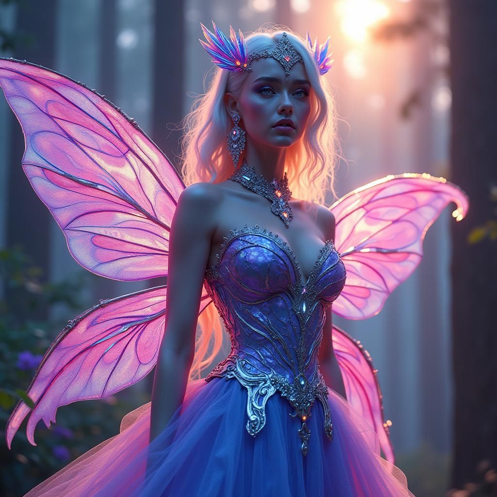 Fairy Queen in Iridescent Gown, Hyperrealistic Matte Paintin...