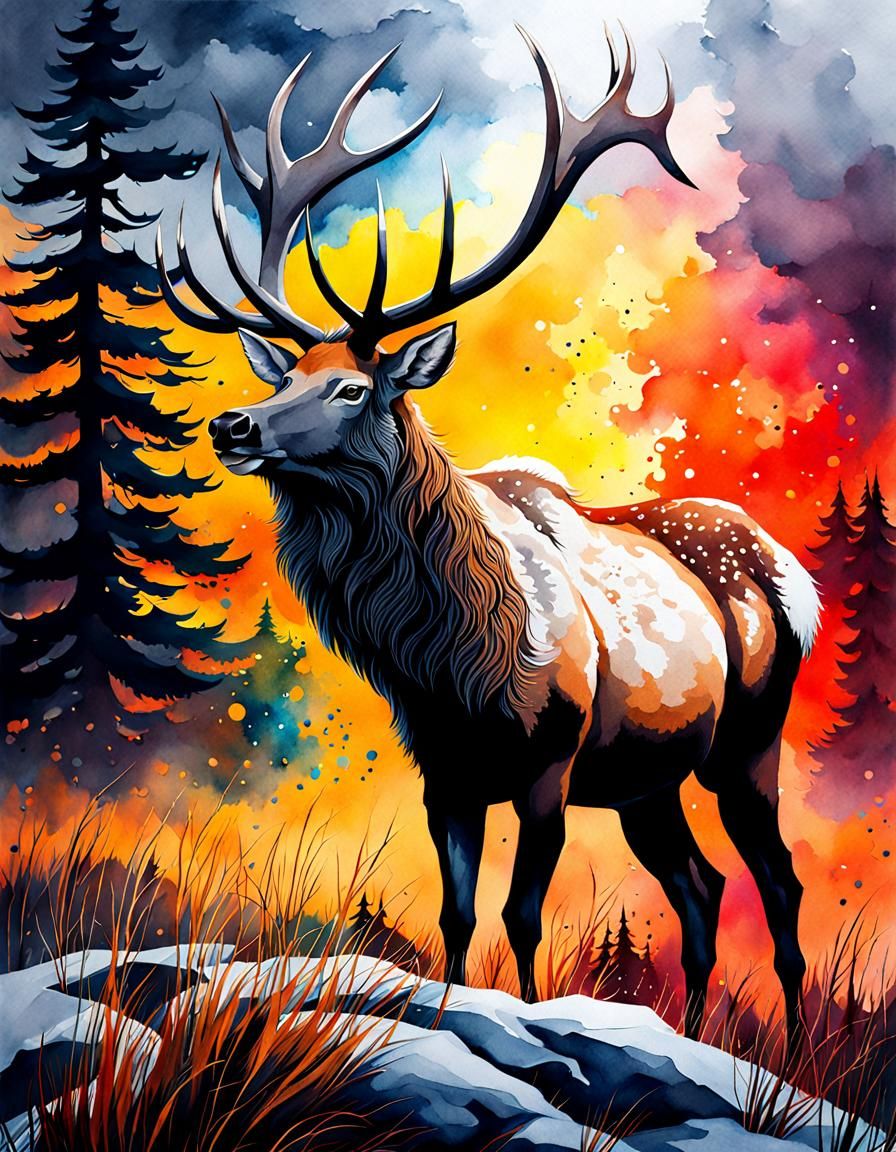 Elk in Watercolor Landscape with Moody Sky