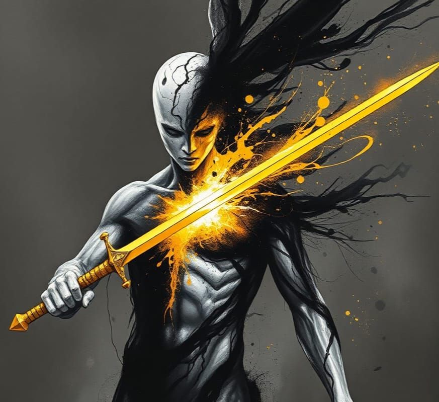 Golden Sword Piercing Shadow Spirit, Gouache Painting