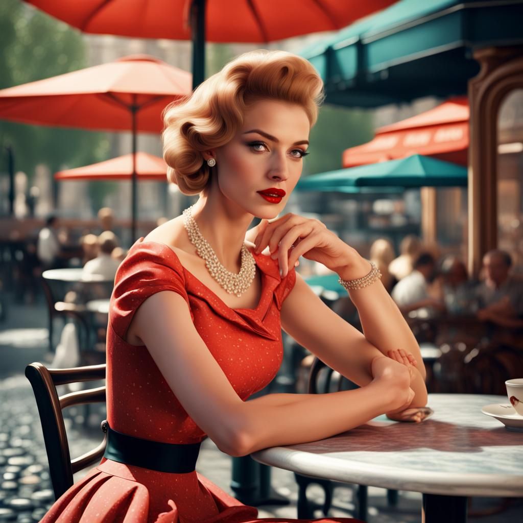 Paris Cafe Scene: Woman in 50s Dress, Digital Painting