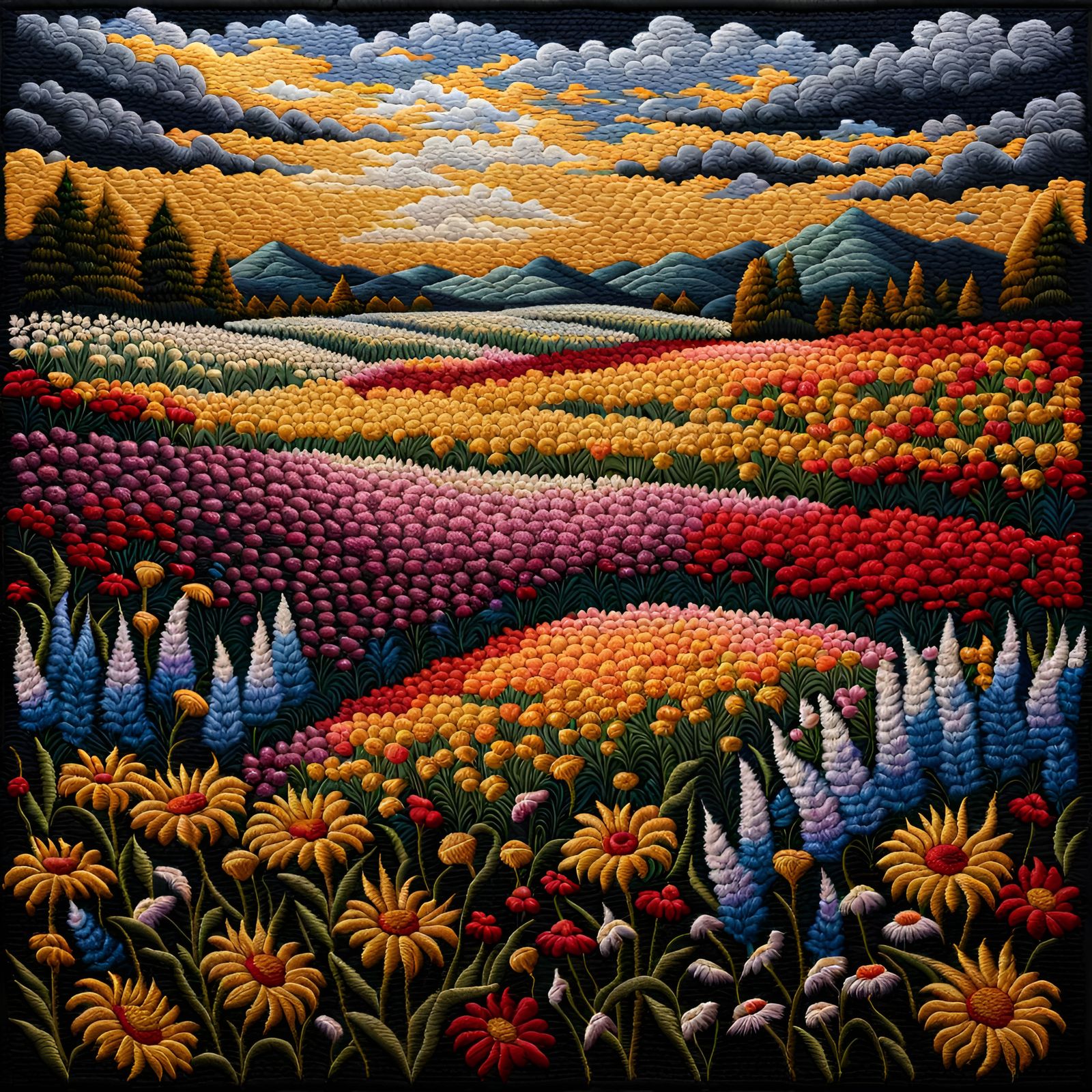 Embroidered Tapestry of a Flower Field in HDR