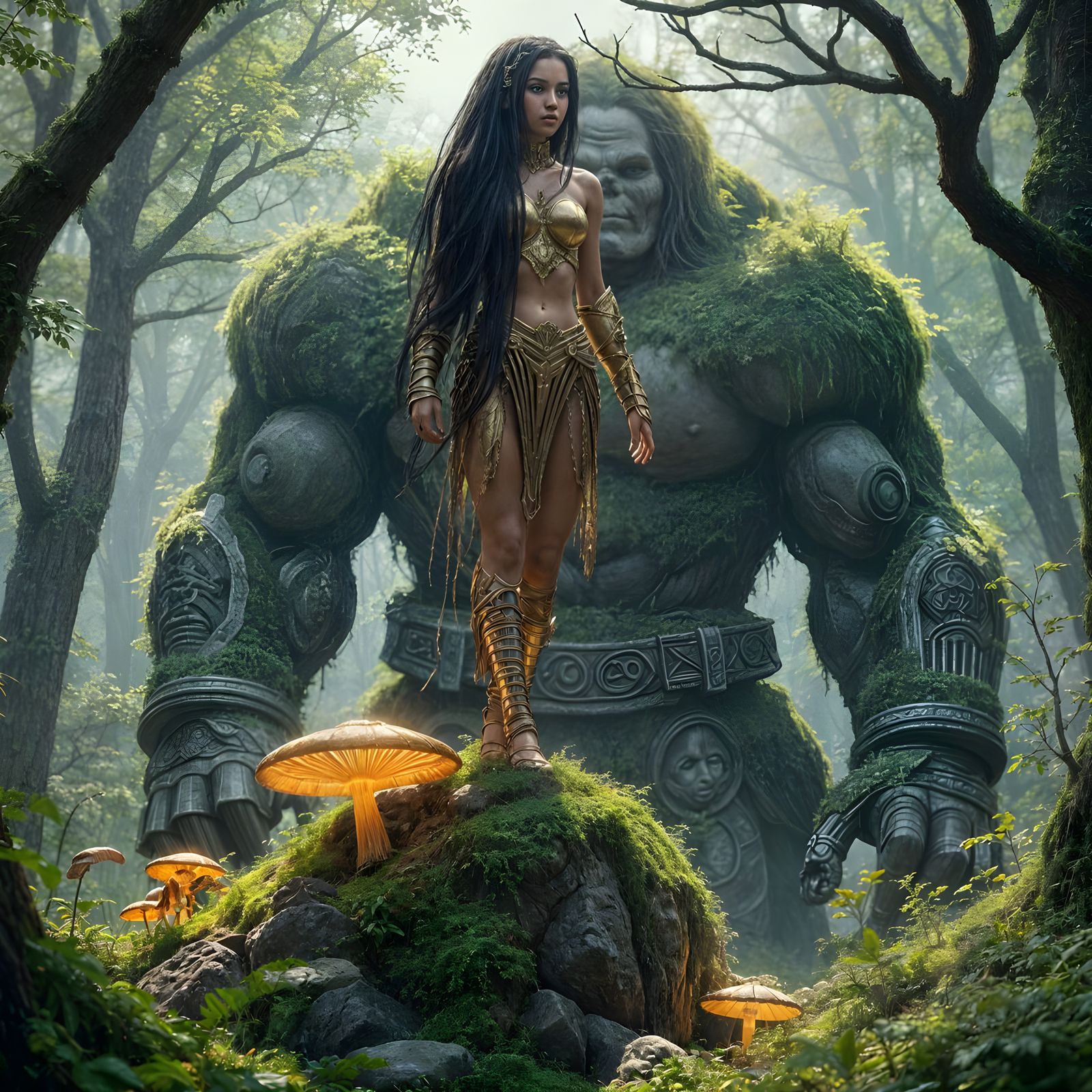 Elven Warrior Atop Stone Golem in Lush Forest