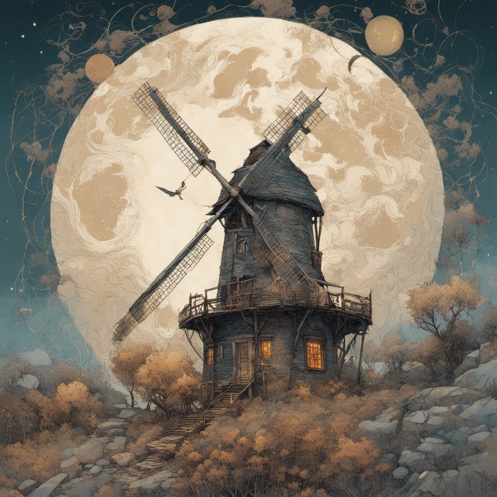Windmill Intertwined with Moon: Digital Painting