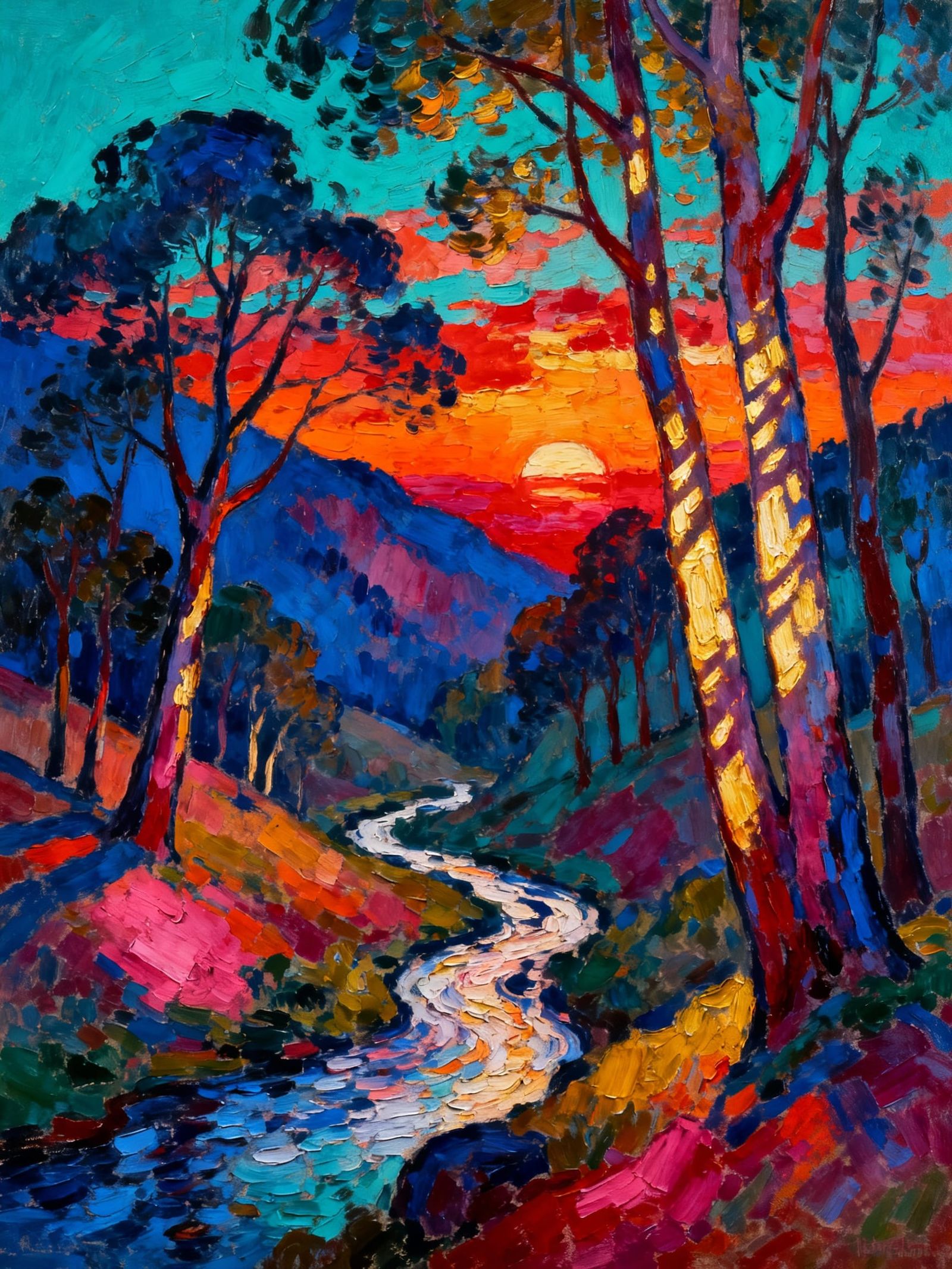Fauvist Valley Sunset Oil Painting with Bold Colors