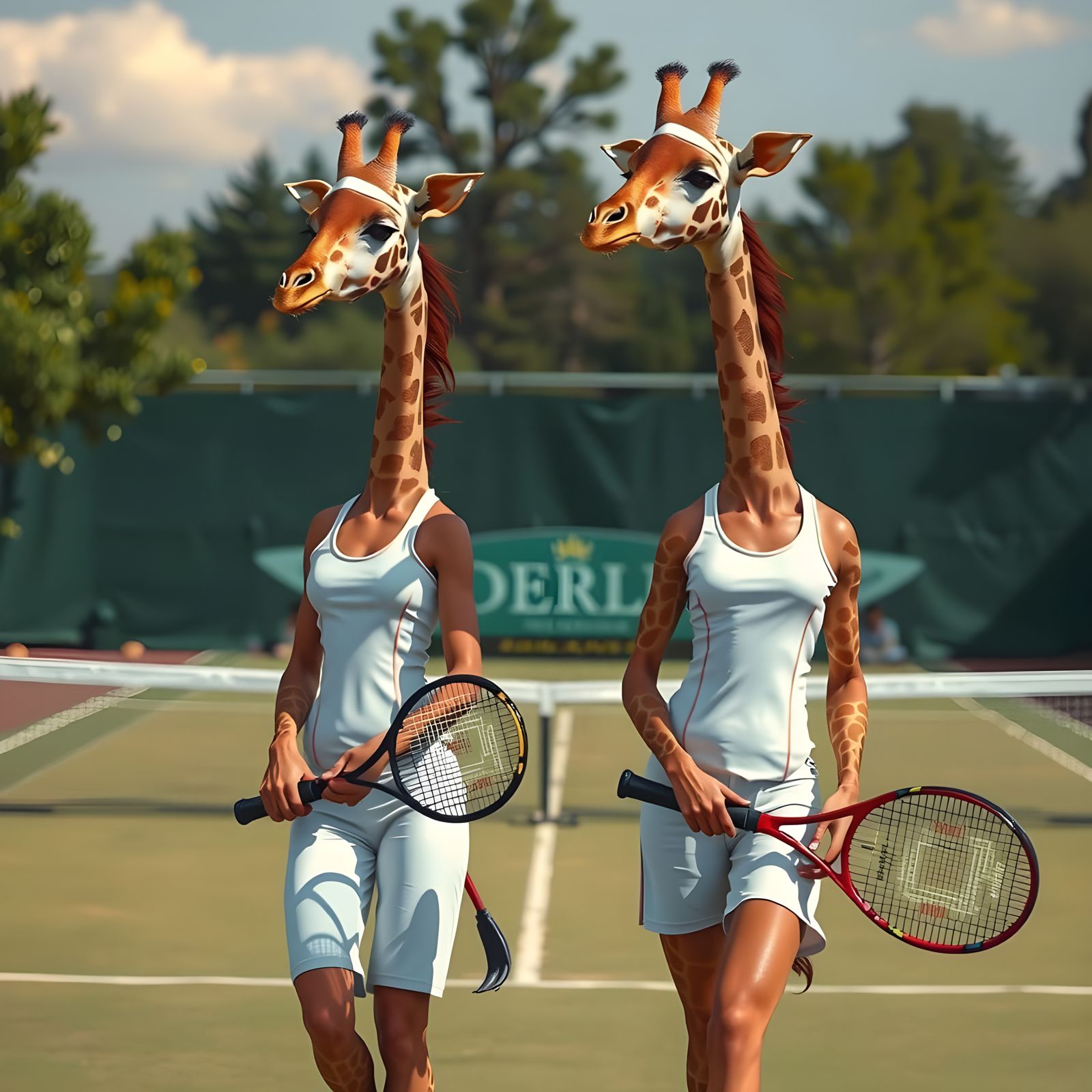 Giraffes Play Tennis in Hyperrealistic Style