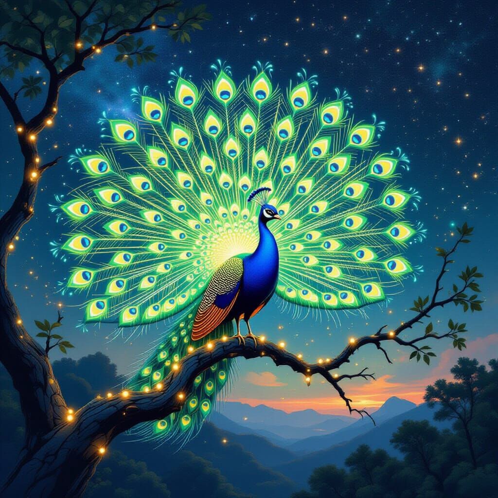 Bioluminescent Peacock Displays Galaxy Feathers on Glowing B...