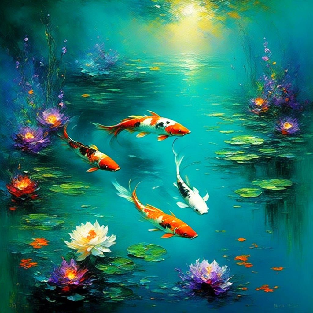 Koi Pond Underwater Impasto Blue Masterpiece