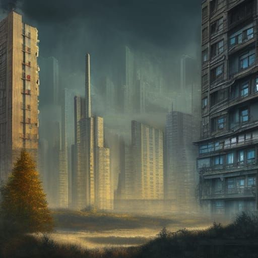 Solitary Stone Pine in Post-Industrial Cityscape