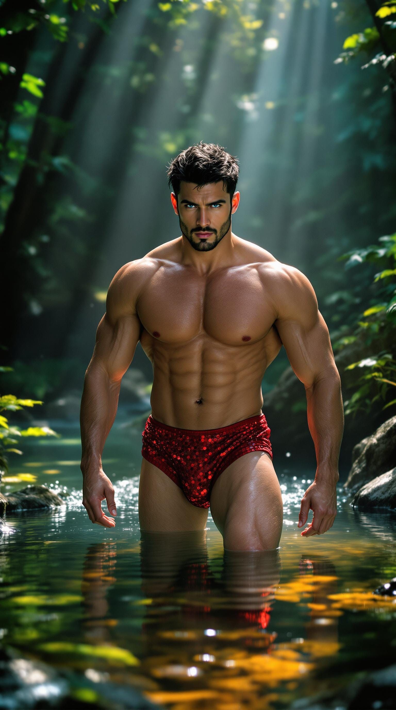 Bodybuilder Emerges from Forest Pond in Sequinned Swim Brief...
