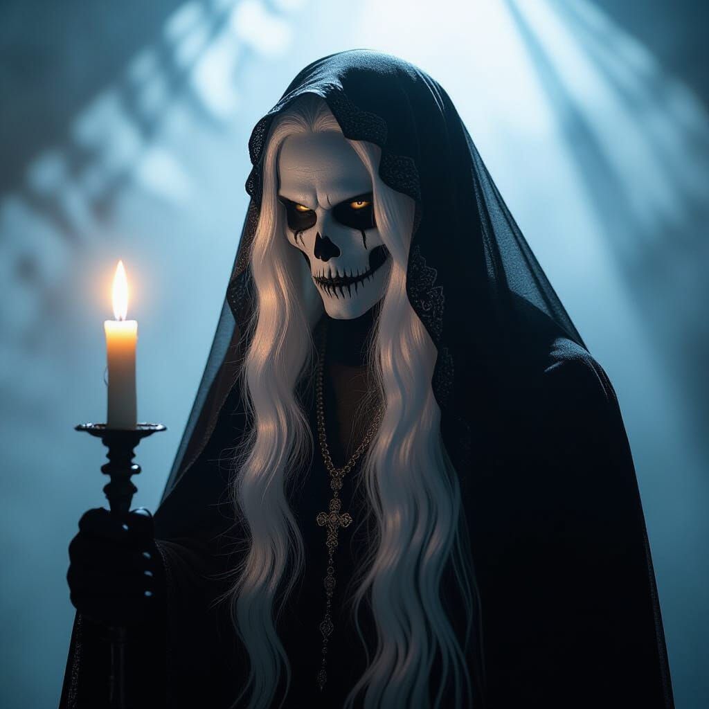 Angel of Death in Ethereal Veil with Eerie Candlelight