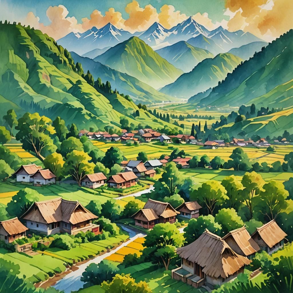 Indian Village Gouache Painting with Lush Green Fields
