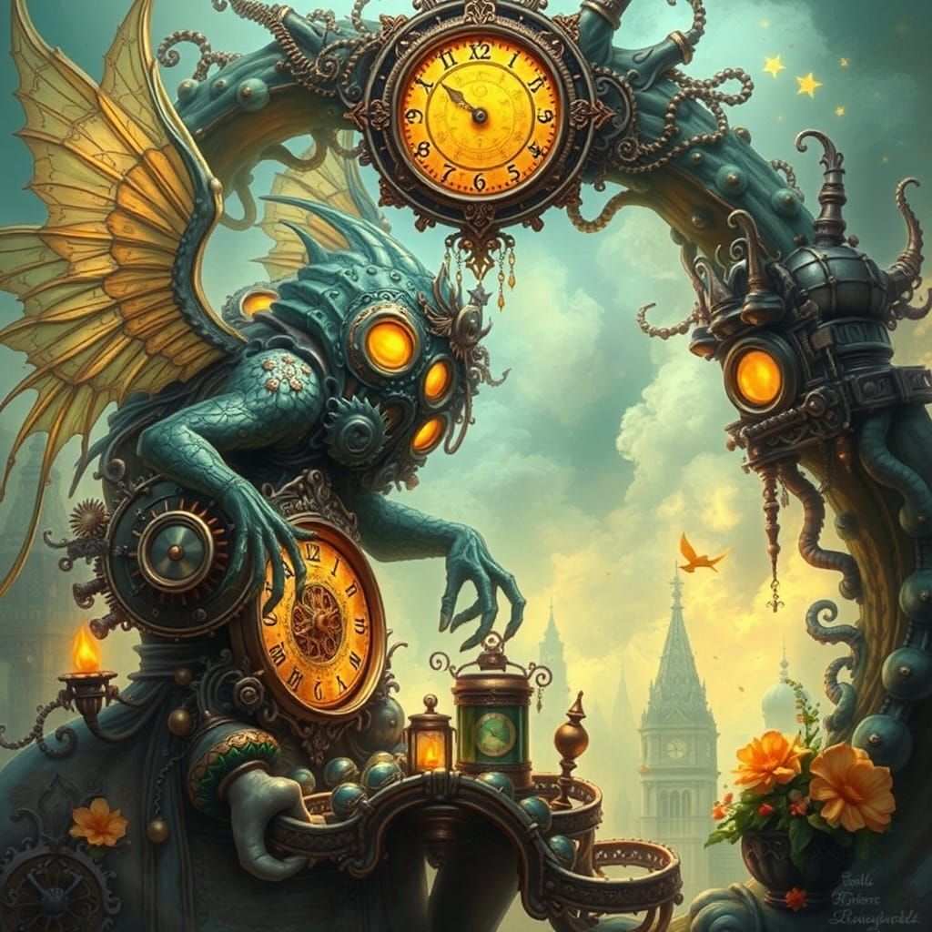 Ethereal Steampunk Clockwork Creature in Mist
