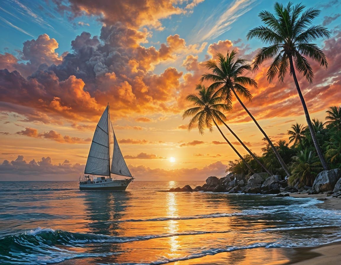 Sunset Over Ocean with Palm Trees and Sailboats