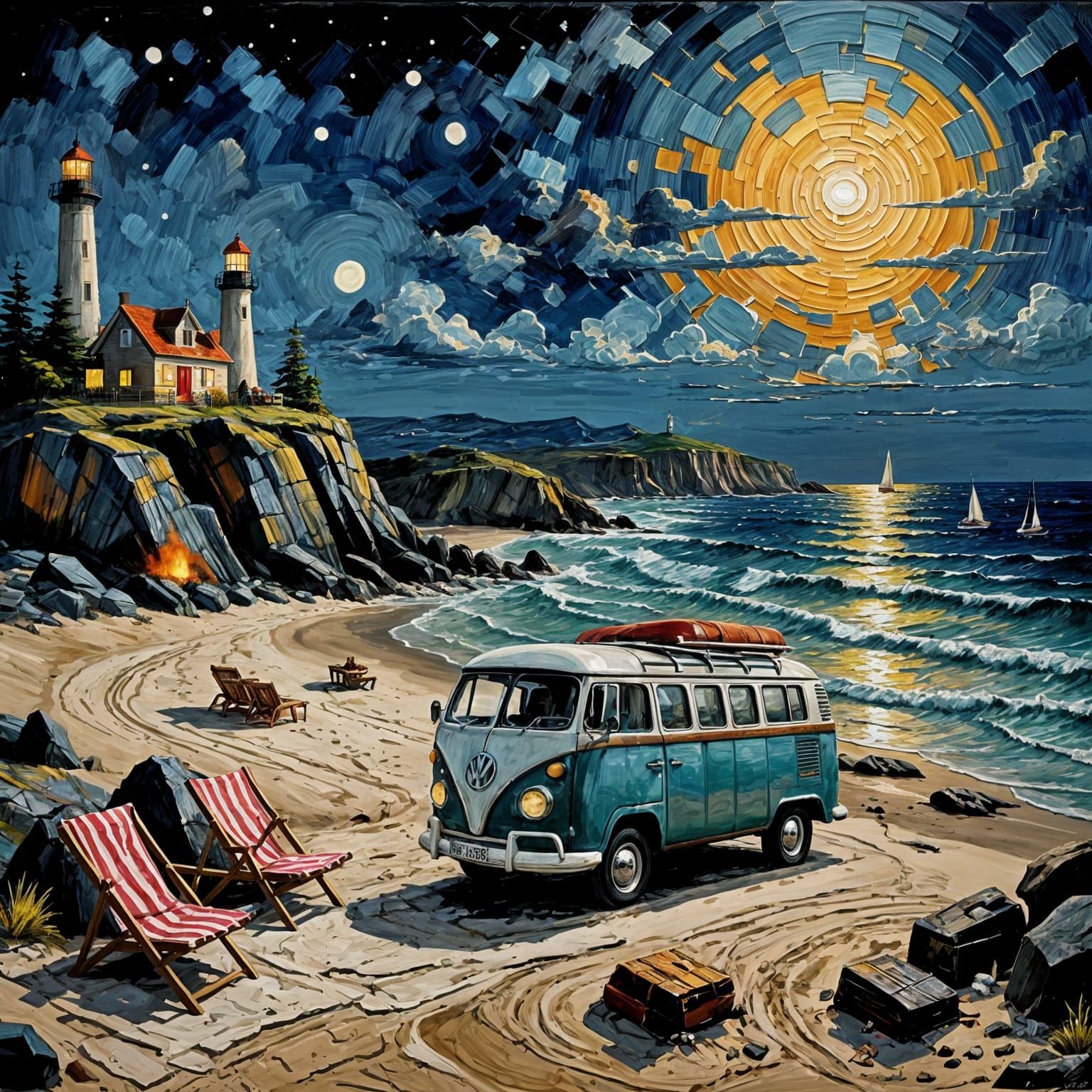 Vibrant Impasto Dreamscape with VW Camper and Lighthouse