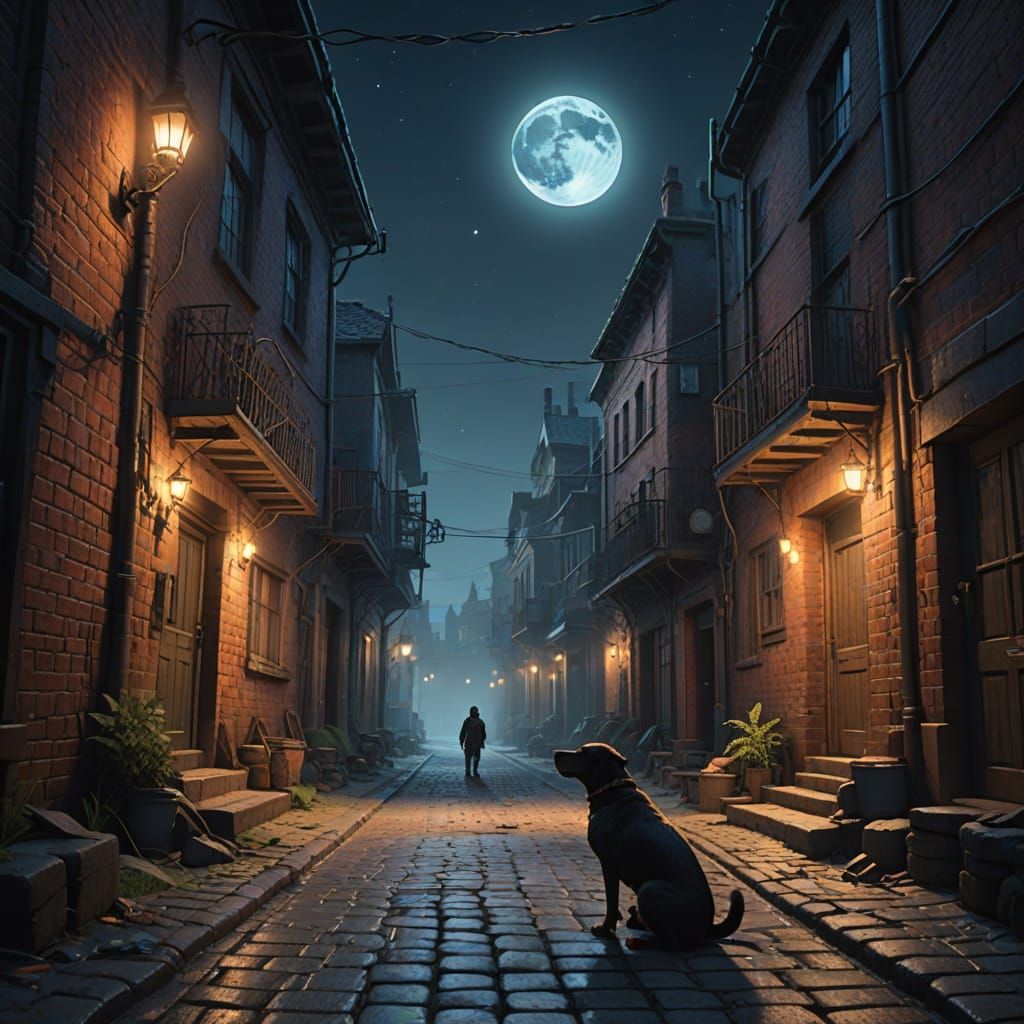 Stray Dog Stands Guard Over Dimly Lit Alleyway