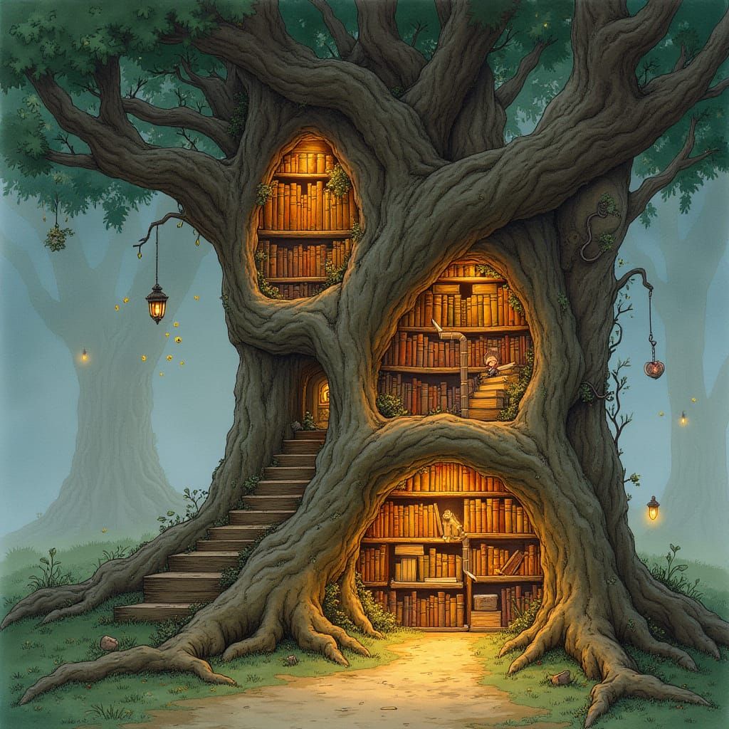 Cozy Miniature Library Inside Ancient Oak Tree