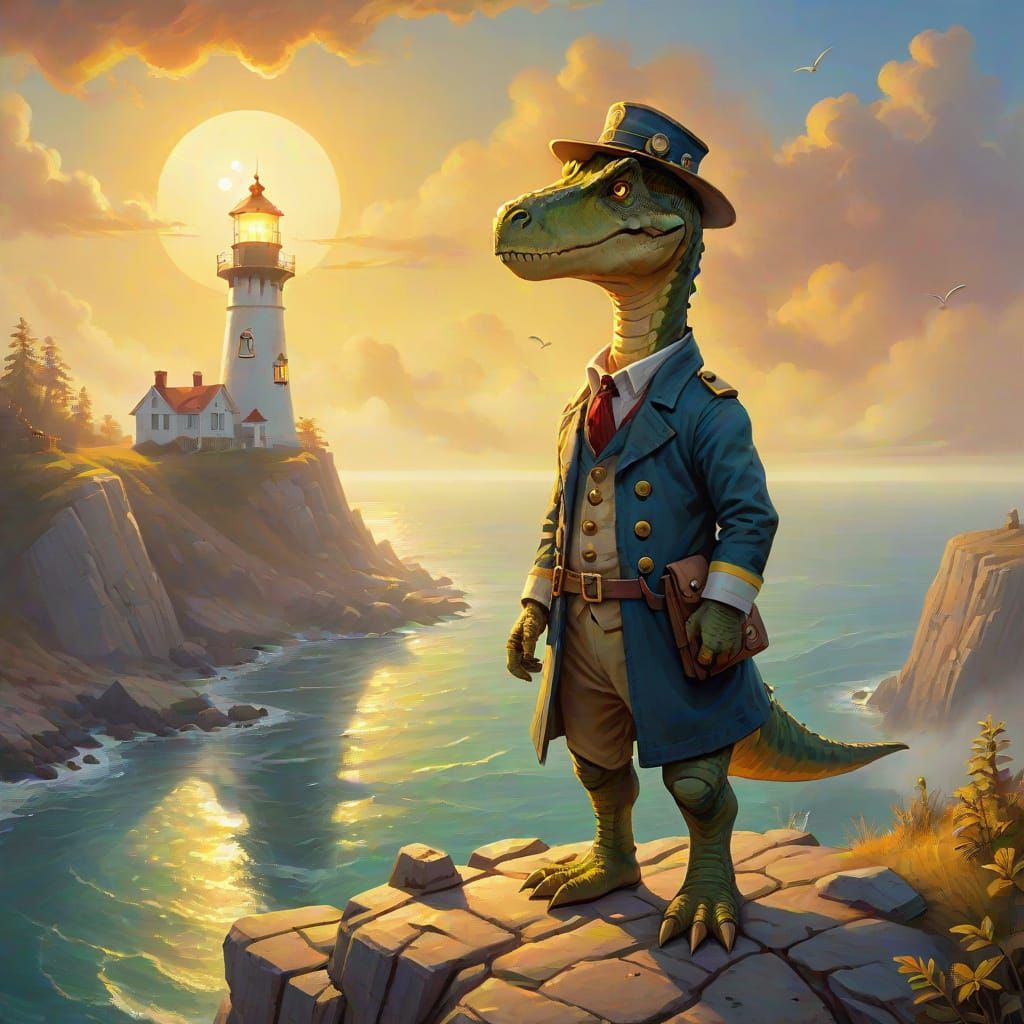 Dinosaur Lighthouse Keeper in Oil Painting Style