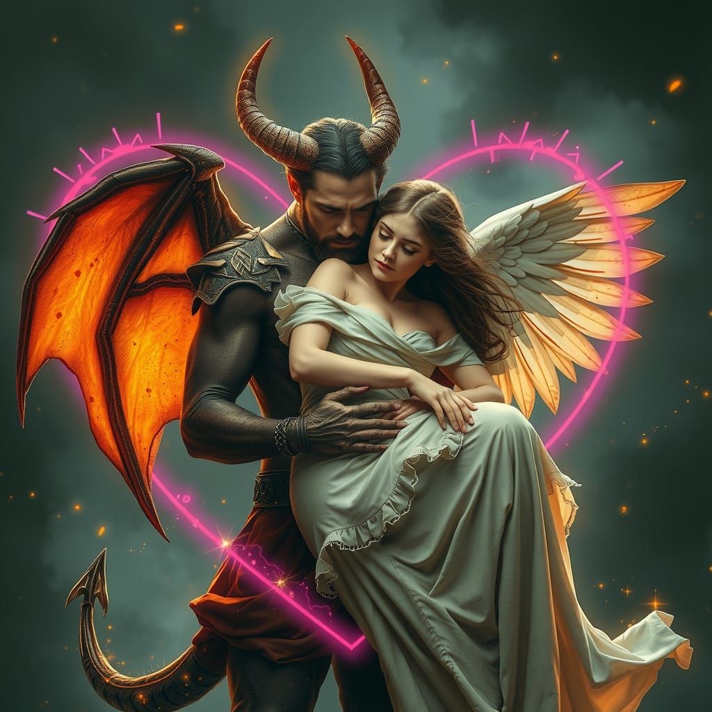 Demon's Tender Embrace of Angel in Digital Painting