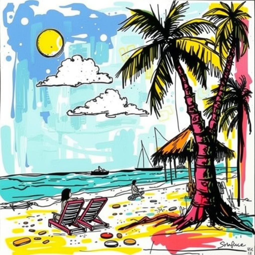 Vibrant Beach Scene in Wildstyle Stylised Pop Art