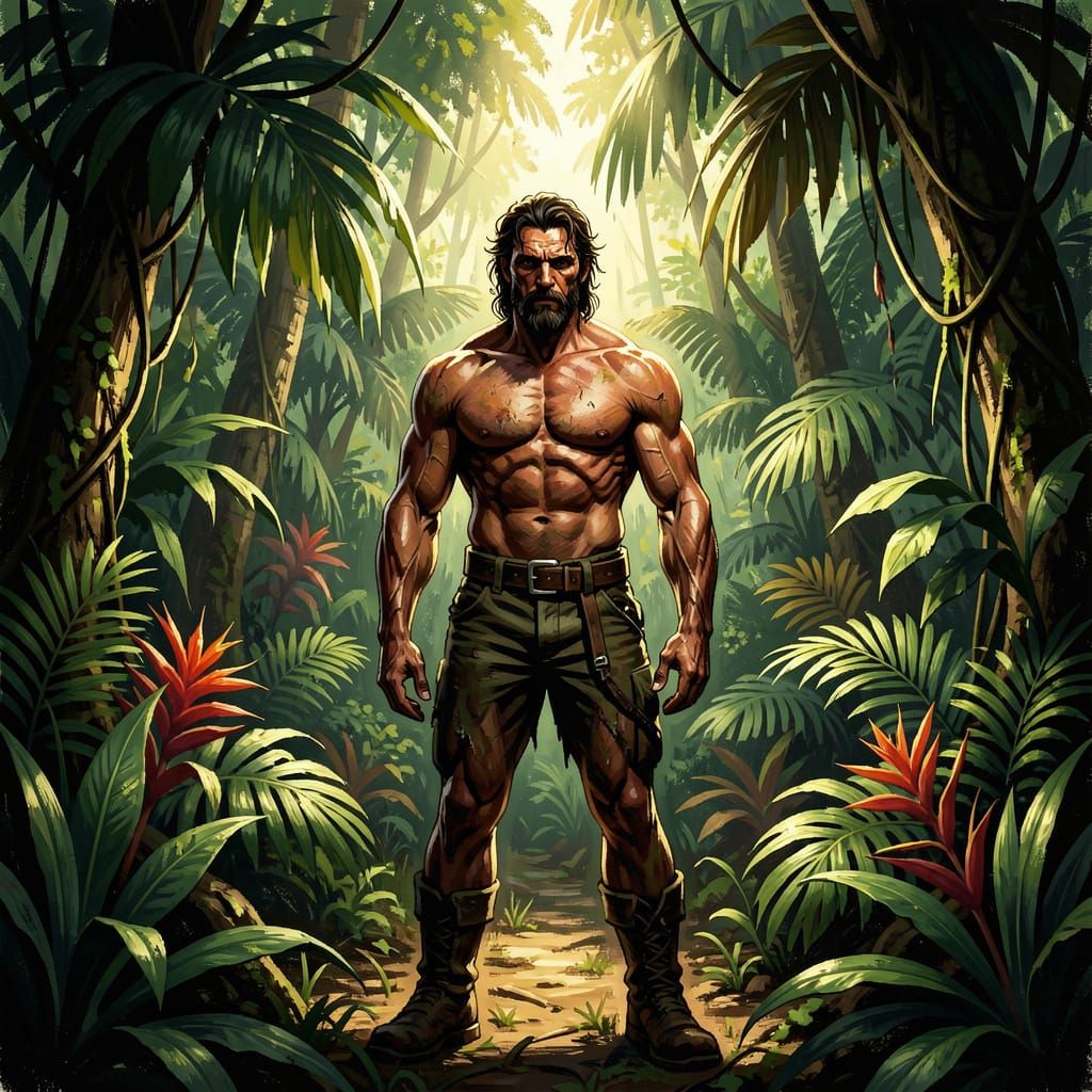 Muscular Man in Vibrant Jungle, Painterly Adventure Art Styl...