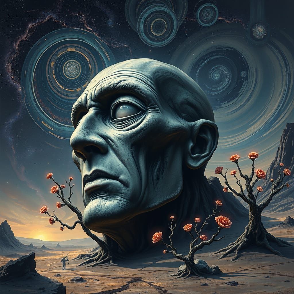 Cosmic Face of Sorrow and Wisdom in Abstract Style