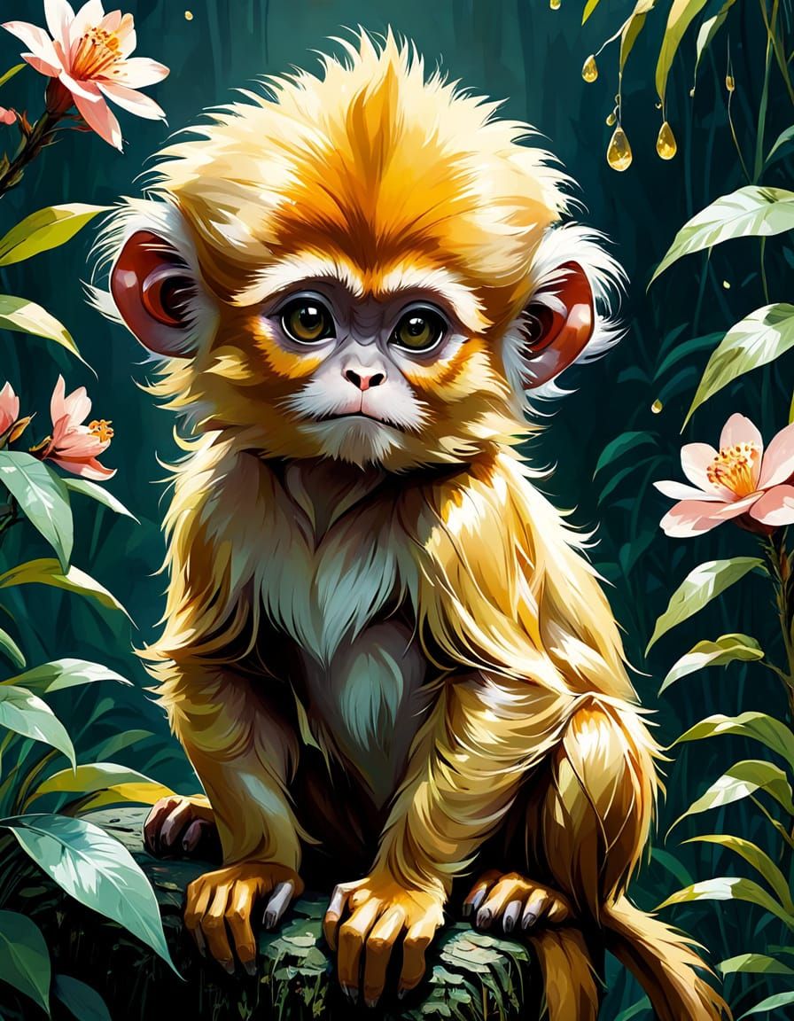 Surreal Baby Langur in Vibrant Floral Spring, Digital Art