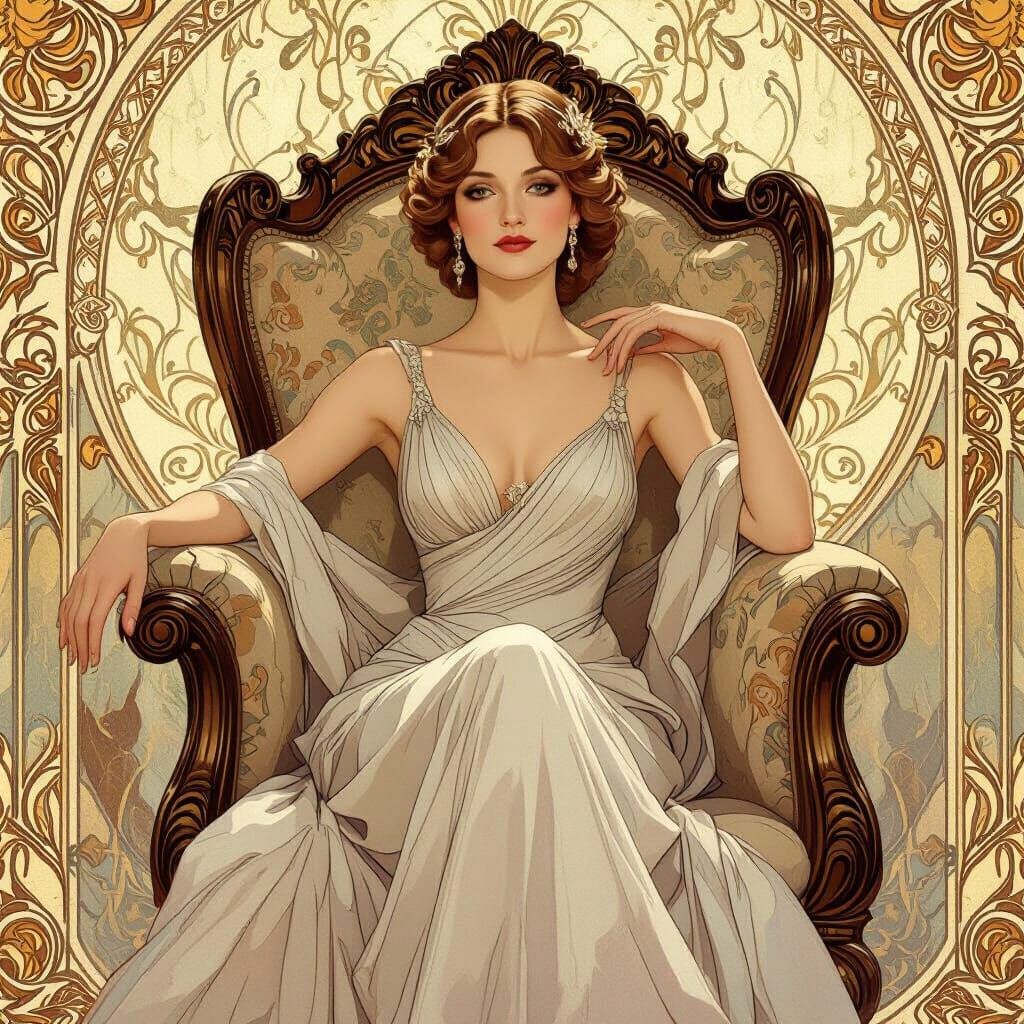 Elegant Woman in Evening Gown, Art Nouveau Style