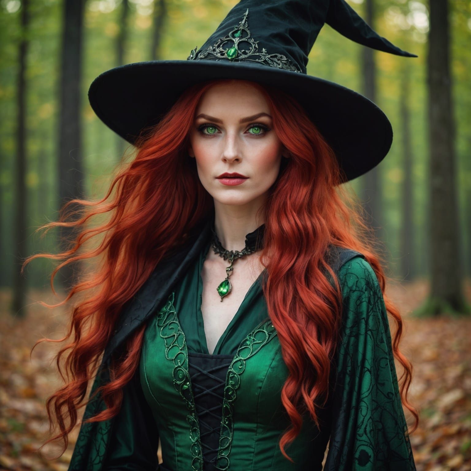 Beautiful Witch with Long Red Hair and Green Eyes