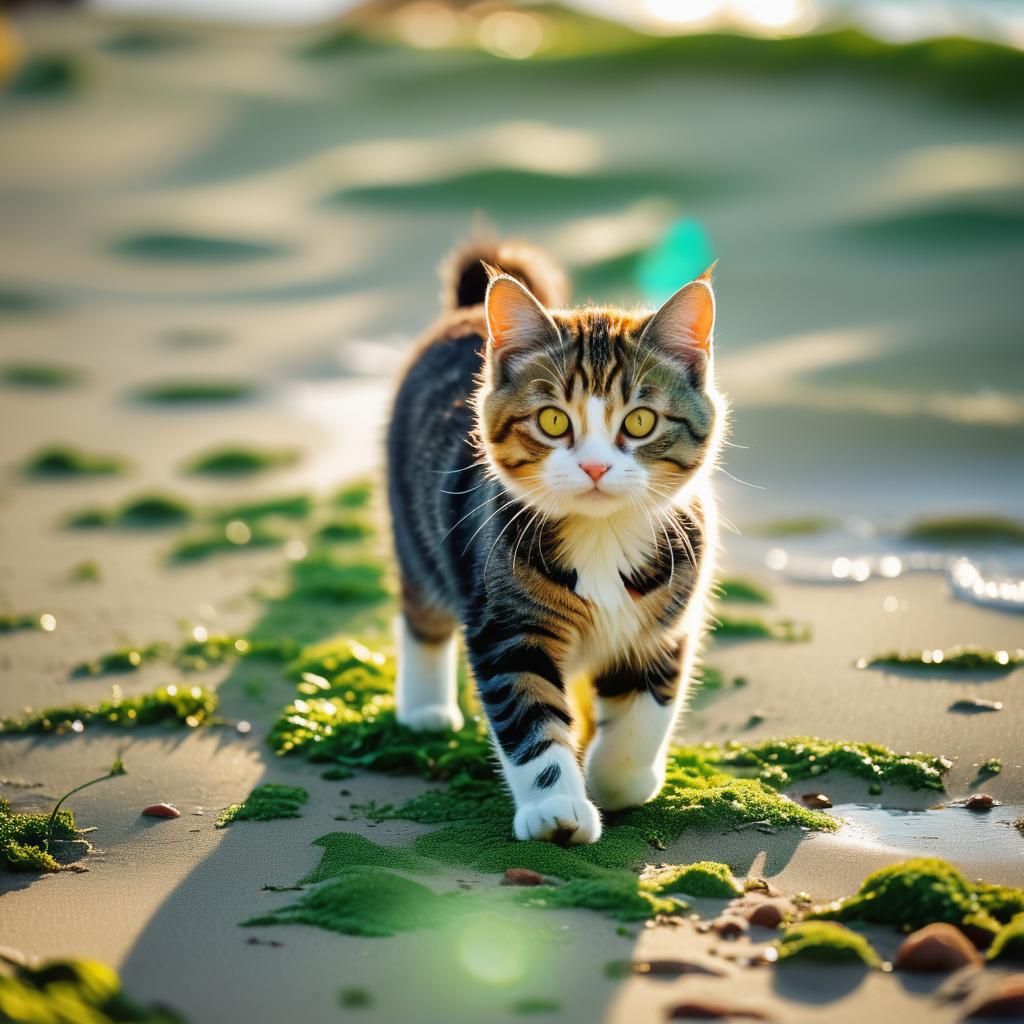 Adorable Kitten Walks on Green Beach: Portrait Photography