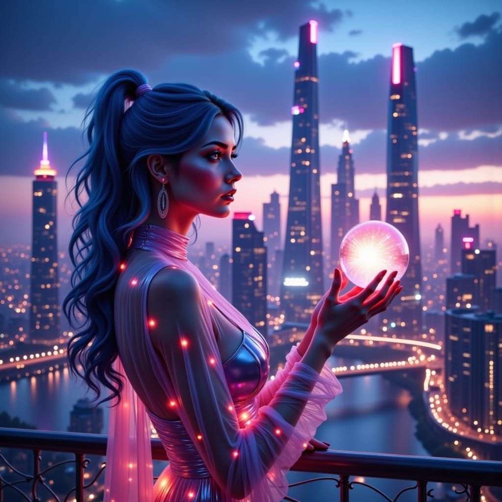 Futuristic Cityscape with Woman and Glowing Orb