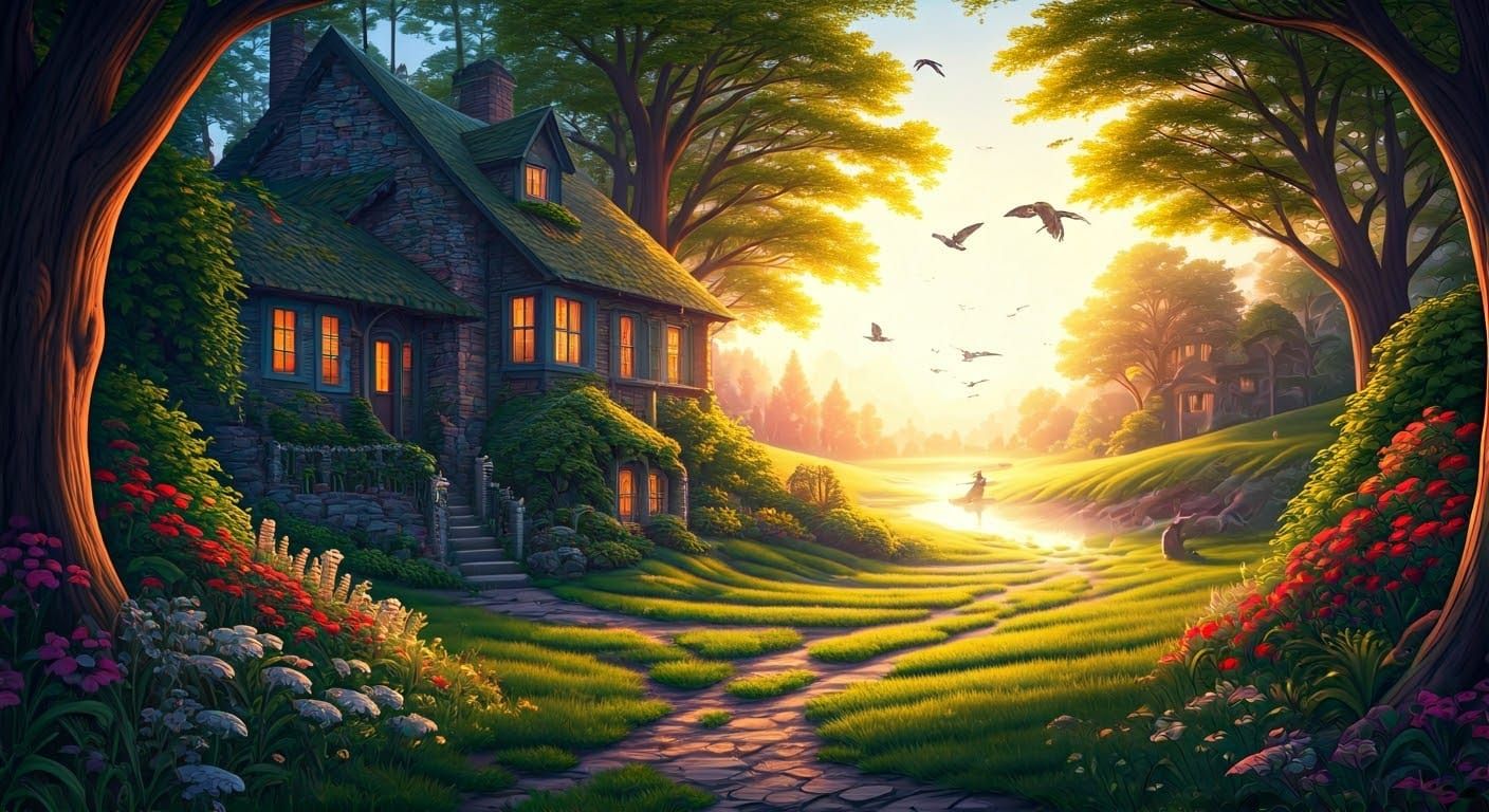 Ethereal Golden Hour Landscape in Kinkade Style