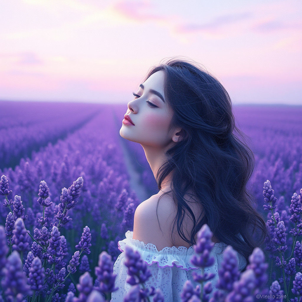 Ethereal Woman in Galactic Lavender Field