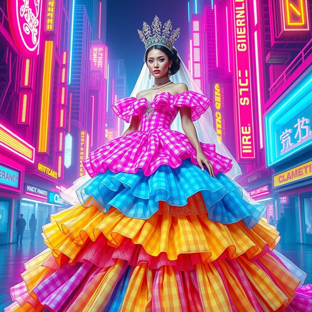 Regal Queen in Neon Gingham Wedding Gown