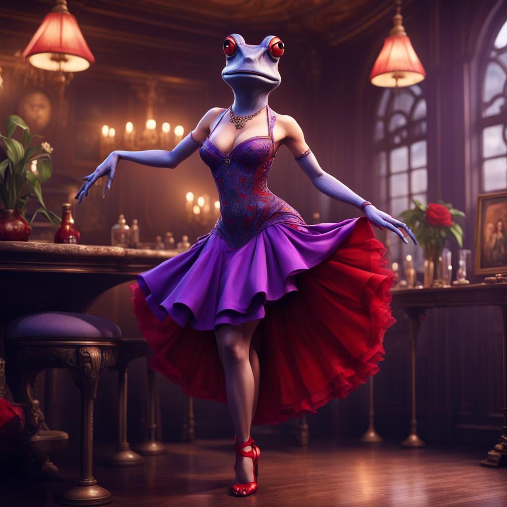 Anthropomorphic Frog Burlesque Dancer in Matte Painting Styl...