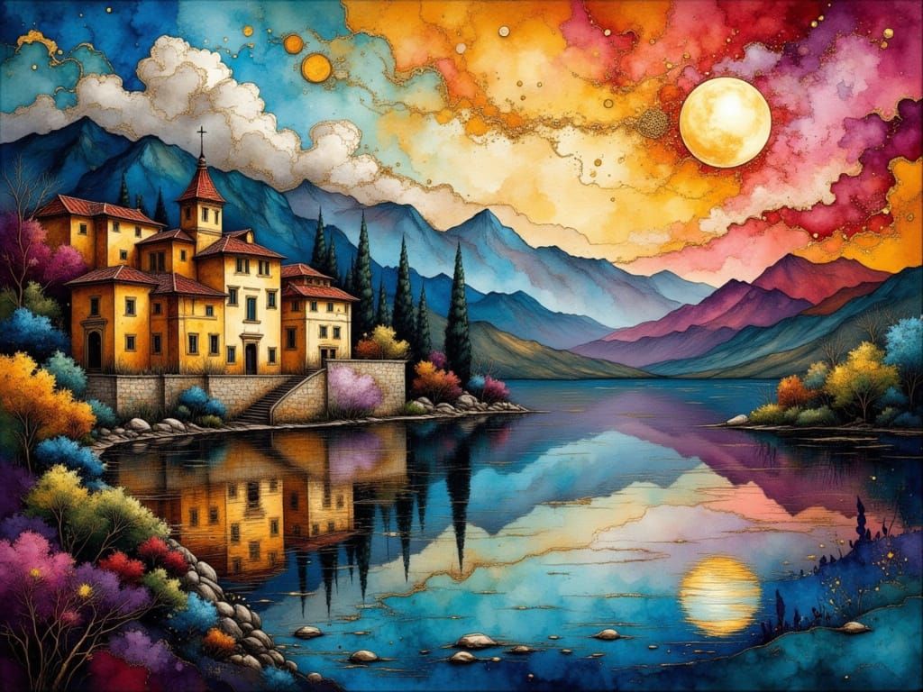 Impasto Painting of Italian Villa Under Vibrant Moonlit Sky