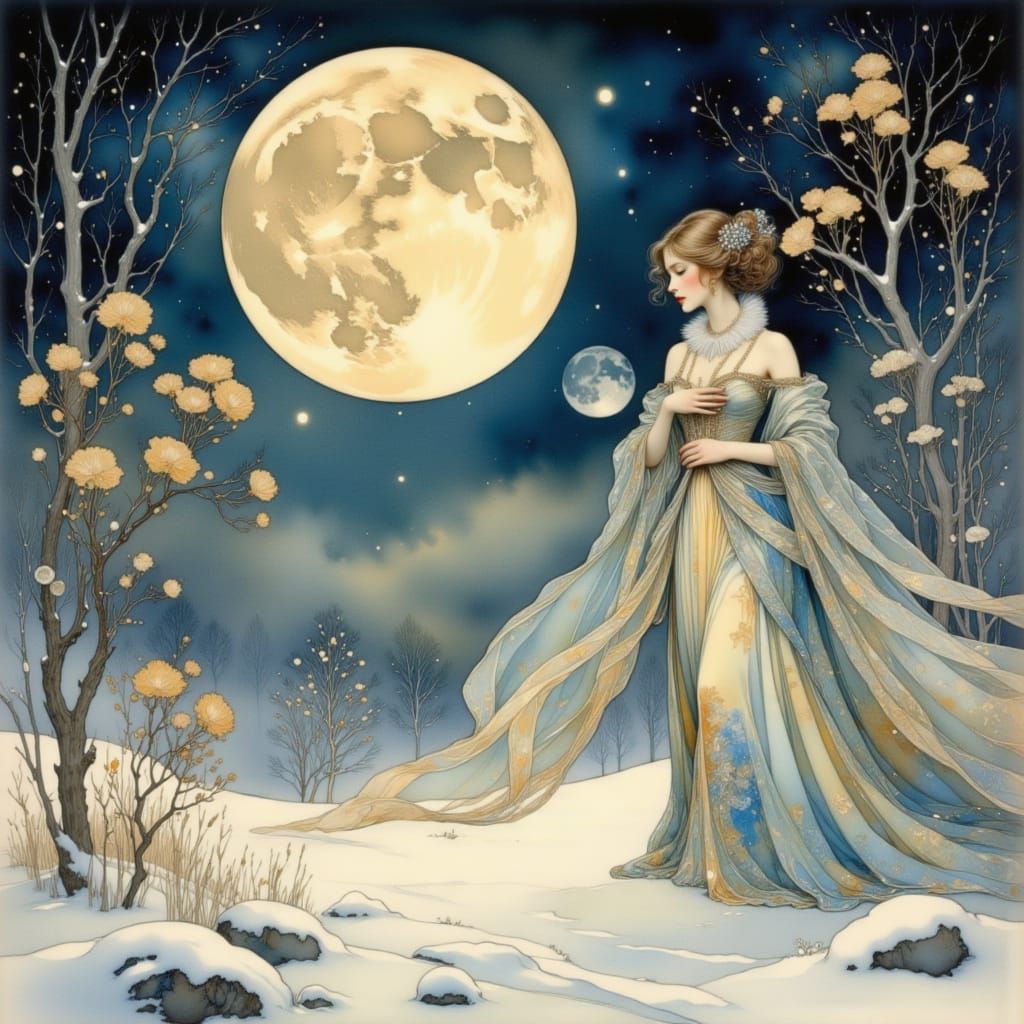 Large Full Moon Over Snowy Winter Wonderland