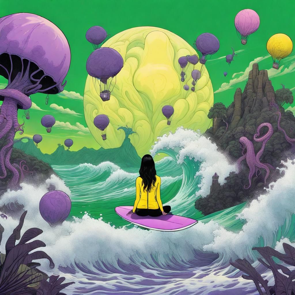 Woman Surfing on an Alien Planet