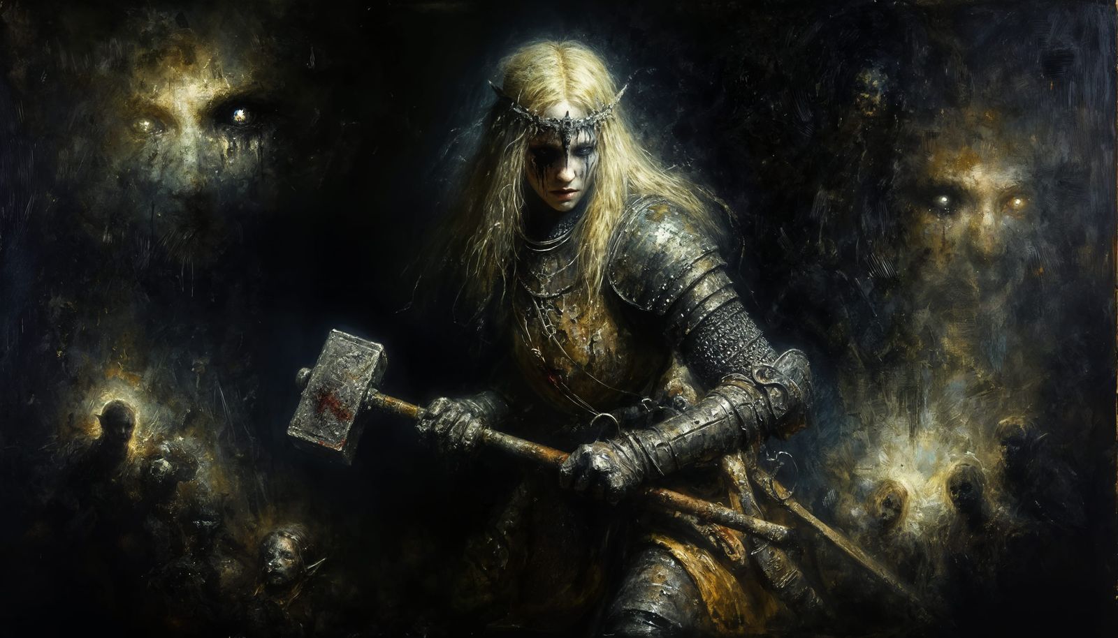 Mysterious Elf Warrior in Dark Tenebrism Oil Painting