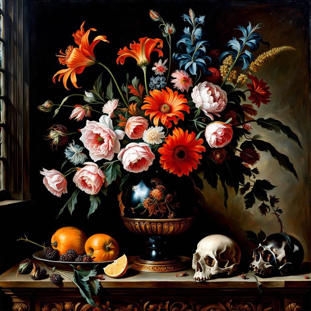 Gothic Still Life with Dead Flowers and Skull
