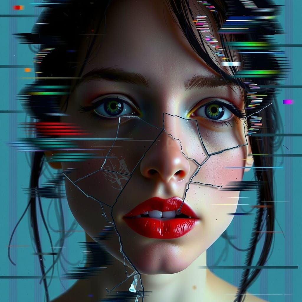 Shattered Mirror Reflecting a Woman's Face