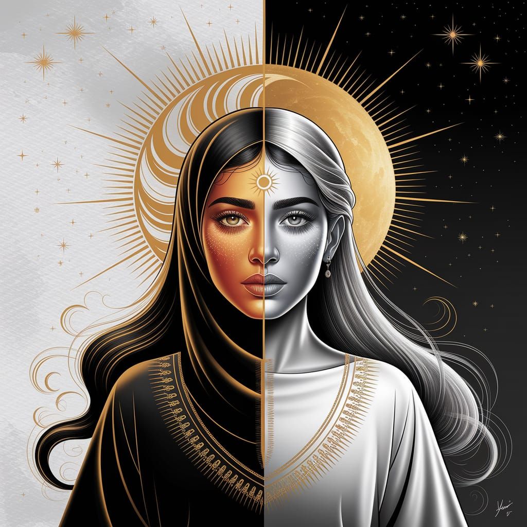 Minimalist Abstract Portrait: Sun and Moon Duality