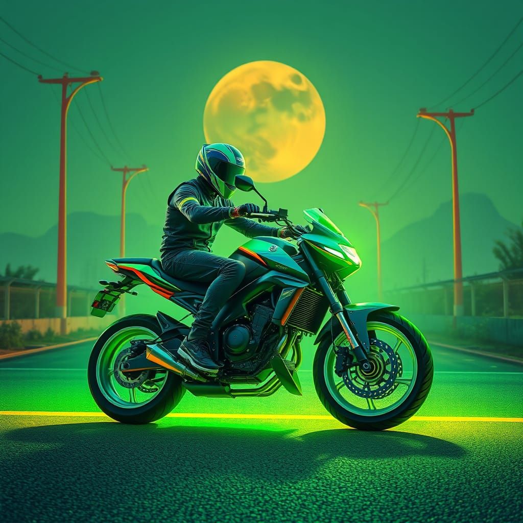 Psychedelic Biker on Futuristic Motorbike