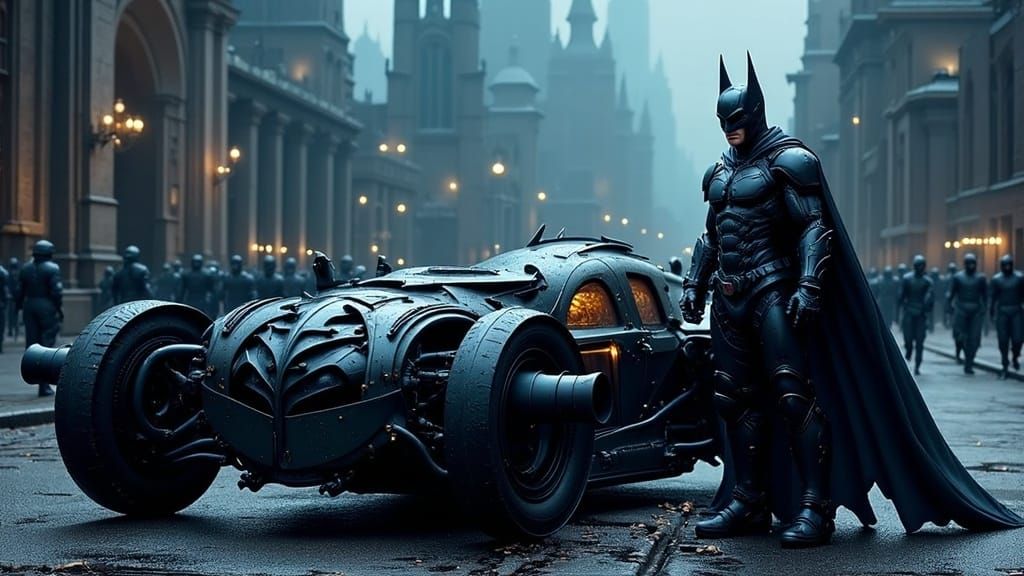 Batman and Damaged Batmobile in Gotham, Noir Style