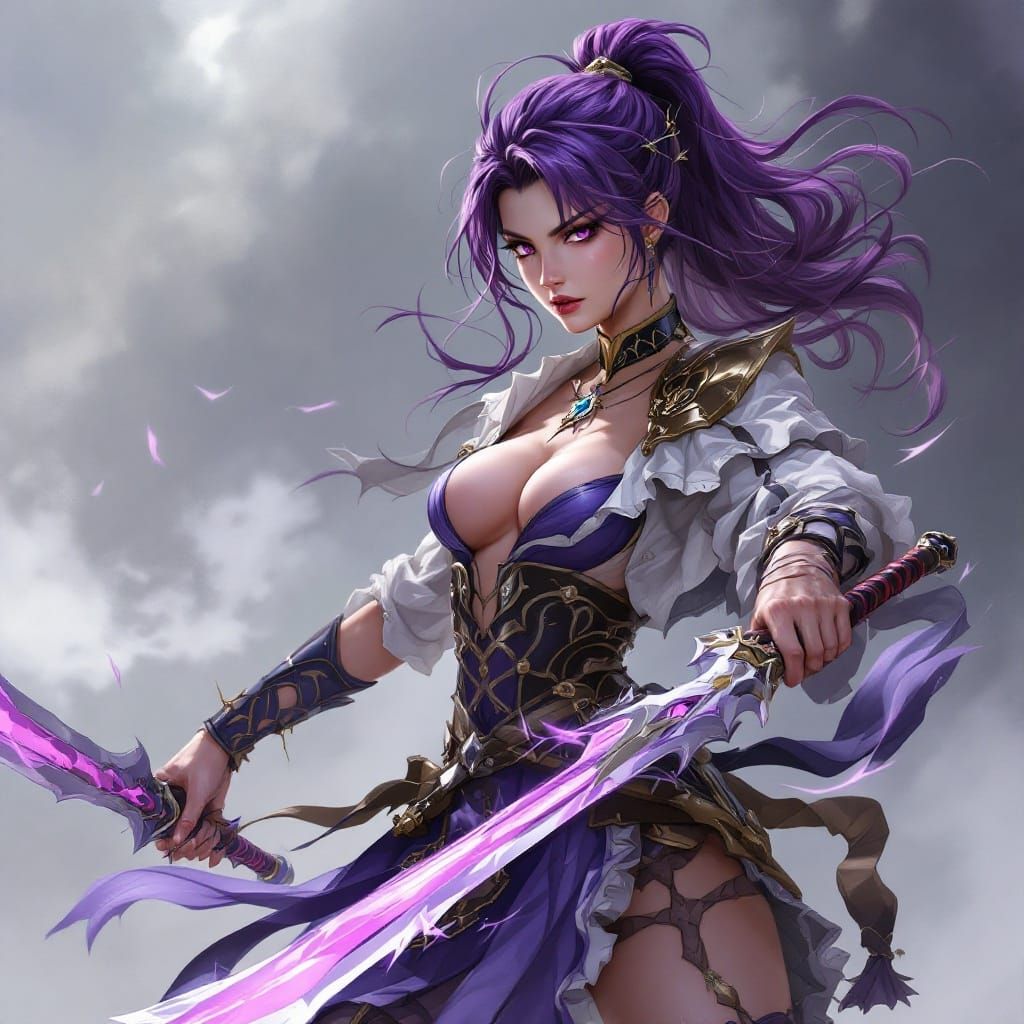 Fierce Purple Haired Warrior in Battle Readiness
